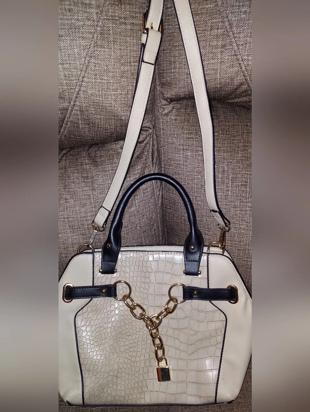 Adrienne Vittadini Cream Croc-Embossed Satchel with Black Trim & Gold Hardware